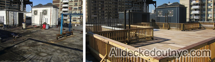 before and after of an urban NYC rooftop deck